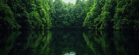 Immerse yourself in serene nature with this image showcasing dynamic emerald reflections on calm water Lush green foliage surrounds the tranquil lake, creating a peaceful scene of renewal and harmony Perfect for wallpaper or nature projects, this captivating vista invites contemplation of the connection between forests and water AI Generativeの素材