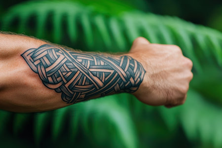 A close-up reveals a traditional Celtic tattoo on a muscular forearm Intricate knotwork and ancient symbolism are rendered in dark ink, framed by blurred green leaves This detailed design, a testament to Celtic artistry, is perfect for historical body art enthusiasts AI Generativeの素材