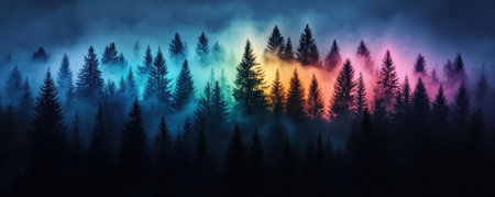 A misty forest shimmers with vibrant rainbow reflections, creating an otherworldly scene of natural beauty This serene landscape blends colorful light with tranquil nature, offering a peaceful escape for art and nature lovers alike Its aesthetic appeal and harmonious colors make it a truly captivating image AI Generativeの素材