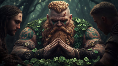 Journey into mythical Ireland with vibrant digital art Explore enchanting folklore characters amidst a sea of shamrocks, where detailed illustrations bring legends to life Each stroke crafts a captivating visual narrative, blending tradition with modern artistry Immerse yourself in lore, rendered with stunning clarity, transporting you to magical realms AI Generativeの素材