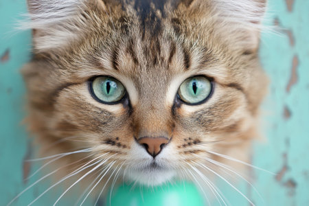 A captivating close-up showcases a tabby cat's piercing green eyes Its brown fur, long whiskers, and pink nose are sharply defined against a blurry teal background The shallow depth of field emphasizes the cat's face, particularly its mesmerizing gaze The image beautifully captures feline charm and the intensity of its AI Generativeの素材