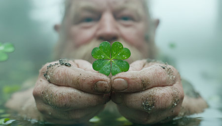Immerse yourself in a classic Irish myth with this close-up image of a Leprechaun in a misty meadow His weathered face and moss-covered hands present a magical four-leaf clover, embodying the enchantment and allure of Irish folklore Experience the tradition of this mythical scene AI Generativeの素材