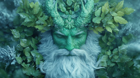 Uncover the Green Man, a mystical Irish folklore figure, his face adorned with vibrant leaves and Celtic patterns This ancient symbol embodies nature's growth and interconnectedness Delve into this captivating image, revealing the timeless beauty of Celtic tradition and mythical lore Experience nature's wonders through the Green Man AI Generativeの素材