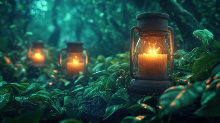Wander a tranquil forest path lit by eco-friendly lanterns Warm, flickering light unveils nature's details, casting a magical ambiance of soft shadows This modern scene, absent of abstract geometry, evokes peace and tranquility, offering a fresh perspective on a timeless forest experience AI Generativeの素材