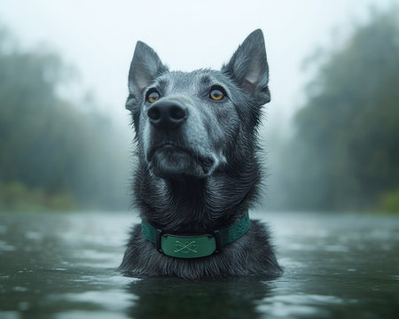 A majestic Irish Wolfhound, adorned with a Celtic collar, stands in a misty ancient forest This detailed artwork embodies Celtic lore and loyalty, capturing the noble beast in its natural habitat Ideal for fantasy art enthusiasts, the image invites you to discover the magic within Explore this unique artwork today AI Generativeの素材