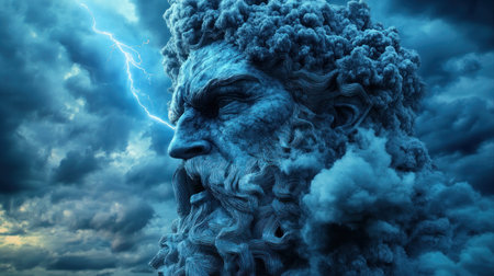 Experience a Celtic storm god's raw power in this artistic marvel Swirling lightning and dynamic energy depict a mythical being as tempestuous as the storm he commands Intricate designs capture the essence of elemental force and ancient lore, creating a breathtaking visual narrative AI Generativeの素材