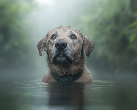 A light-brown, medium-sized dog with a Celtic collar stands, wet, in a misty forest Its curious gaze meets the camera, conveying loyalty The blurred background adds depth and an ethereal, almost ancient, folklore-touched mood Not an Irish Wolfhound, this portrait captures timeless canine spirit AI Generativeの素材