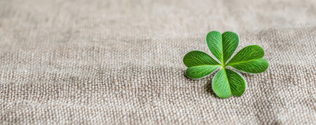 Discover subtle artistry with this image: a vibrant green shamrock leaf gracefully rests against a textured, culturally woven fabric The simplicity of the nature-inspired shamrock embodies Irish heritage, while the warm, woven background enhances the image's authenticity and charm AI Generativeの素材