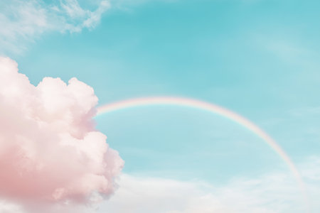 Behold a vibrant rainbow arcing across a clear blue sky, a universal symbol of hope and serenity This breathtaking image showcases nature's beauty, with soft, ethereal clouds enhancing the tranquil scene Perfect for inspiration or projects needing natural wonder, it reminds us of life's simple joys AI Generativeの素材