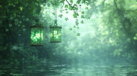 Glowing Irish lanterns with shamrock patterns create a cozy, magical ambiance, perfect for St Patrick's Day The blurred, dreamy effect enhances the tranquil scene, ideal for backgrounds and designs These green lanterns illuminate a natural setting, evoking both peace and festivity AI Generativeの素材