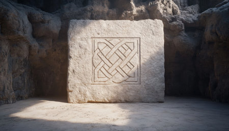 Golden sunlight illuminates a weathered stone, revealing intricate Celtic knotwork This image captures a powerful symbol of heritage and timeless artistic expression The geometric designs, etched in stone, speak to generations past Ideal for art history or historical research, it's a testament to human creativity and legacy AI Generativeの素材