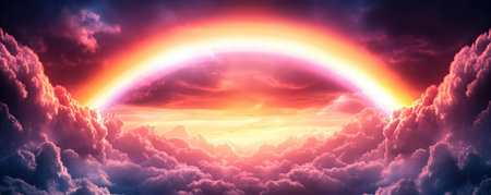 Immerse yourself in serenity with a soft rainbow gracing a tranquil landscape This symbolic image, with its gentle hues, evokes calm and peace Nature and tranquility intertwine in a breathtaking scene Explore the horizon's depth and reflect on the harmony of this peaceful, natural view AI Generativeの素材