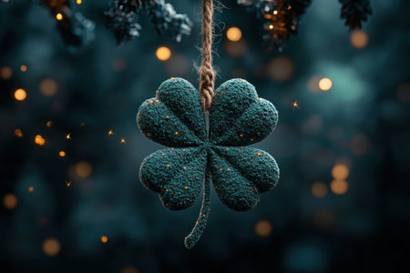 This image captures the joy of celebration with a vibrant green four-leaf clover hanging from a festive garland Perfect for St Patrick's Day or any occasion needing a touch of luck and optimism, its captivating details and rich colors bring warmth and happiness to any project or presentation AI Generativeの素材