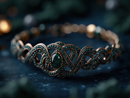 Explore stunning handcrafted Celtic jewelry up close, revealing intricate metalwork, vibrant green gems, and classic knot designs This unique bangle embodies timeless Celtic artistry, perfect for those valuing elegant craftsmanship and detailed patterns A statement piece blending history and beauty in a modern design It's a celebration of Celtic style AI Generativeの素材