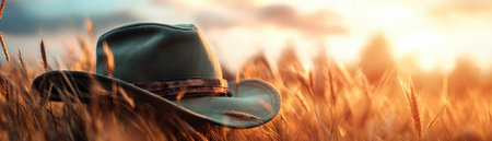 A sun-drenched image captures a green sunhat paired with vintage clothing amidst golden sunset grasses Evoking freedom and nostalgia, the scene radiates tranquility Ideal for nature and fashion lovers, the photograph highlights rural beauty and retro style Perfect for inspiring blogs and social media posts AI Generativeの素材