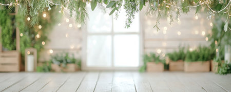 Elevate your festive displays with shimmering tinsel garlands elegantly draped against lush greenery and soft lights This versatile backdrop, enhanced by a rustic wooden floor and window, exudes warmth and charm Perfect for holiday themes, parties, or product showcases Download now and create unforgettable scenes for celebrations and events AI Generativeの素材