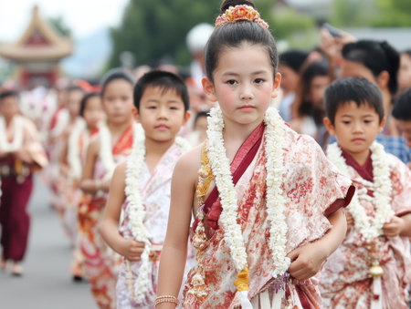 Witness the vibrant unity parade! Festive attire adorns children as they joyfully march, showcasing cultural pride and heritage This beautiful procession captures the essence of togetherness and community spirit, a true celebration of unity and tradition Experience the power of shared heritage in this vibrant display AI Generativeの素材