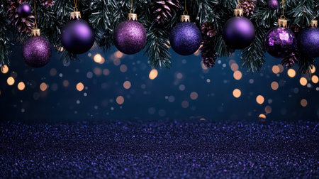 Experience the magic of Christmas with this image! Glittering tinsel flows like a winter waterfall, complemented by deep purple ornaments on evergreen branches and twinkling background lights This sophisticated scene is perfect for adding a festive touch to your projects, guaranteed to bring your holiday creations to life AI Generativeの素材