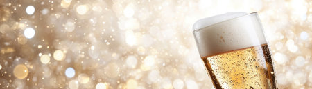 Experience pure celebration with "Golden Celebration Glow" This image bursts with the joy of a lively party, where golden beer mugs are raised high beneath warm lights A single glass of effervescent golden beer sparkles against a bokeh backdrop, radiating festive cheer Perfect for party, event, or beverage promotions Cheers! AI Generativeの素材