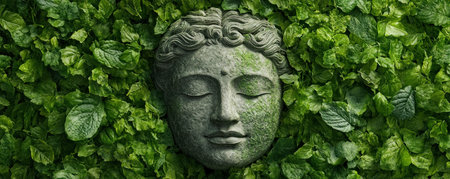 Find tranquility with this ancient stone Buddha face, nestled in lush greenery, a powerful symbol of good luck and belief Its peaceful expression embodies calm and spiritual awakening A moment of profound connection with nature, perfect for meditation, evoking peace and harmony within AI Generativeの素材