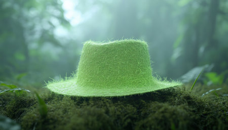 Envision a high-resolution, surreal twilight scene: a glowing green hat amidst luminous bioluminescent forests Mossy details and soft, diffused light create a magical fantasy landscape This enchanting juxtaposition of vibrant hat and softly lit forest is perfect for art and design, showcasing intricate details and captivating contrasts AI Generativeの素材