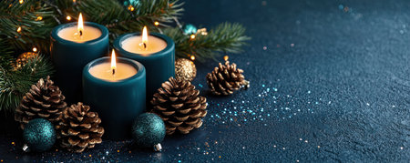 Elegant candles sparkle amidst festive decorations, embodying refinement Teal candles, pinecones, and shimmering ornaments create a captivating scene, perfect for holidays or special occasions This warm, natural decor creates a cozy ambiance Explore Christmas decor Ideal for social media AI Generativeの素材
