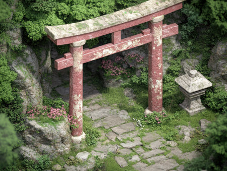Find peace in this image: a weathered red torii gate, nestled in lush greenery, stone paths, and blooming flowers Soft hues and sacred design evoke blessings, hope, and a spiritual connection Natural light enhances this serene sanctuary, offering a visual representation of good fortune and tranquility Explore this peaceful haven AI Generativeの素材