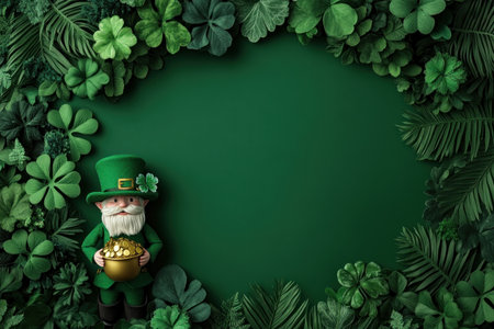Celebrate St Patrick's with a charming leprechaun and his pot of gold, surrounded by vibrant clovers This festive image embodies Irish folklore and good fortune, ideal for holiday backgrounds Enjoy the whimsical scene filled with traditional symbols and a joyful atmosphere, bringing the luck of the Irish to your projects AI Generativeの素材