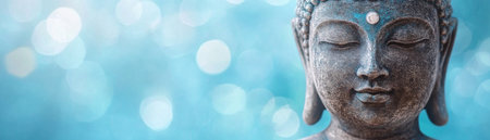 This Buddha image, a lucky charm of sacred geometry, radiates peace and protection A calming blue bokeh background enhances its spiritual essence The serene composition inspires contemplation and inner harmony, perfect for meditation and relaxation A symbol of enlightenment, this artwork promotes a balanced state of mind AI Generativeの素材