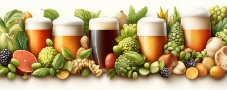 Immerse yourself in a lively beer festival where frothy pints meet fresh, vibrant produce Explore diverse craft brews, from light ales to rich stouts, alongside a colorful array of vegetables, fruits, and herbs This celebration unites the art of brewing with nature's bounty, creating a feast for the senses AI Generativeの素材