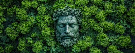 A moss-covered stone head, a powerful luck charm, rests serenely in an ancient forest Lush greenery surrounds this artifact, evoking mystery and wonder This image captures the beauty of nature intertwining with the past, inviting contemplation of tranquility embodied in the ancient stone face AI Generativeの素材