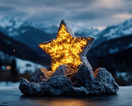 Capture the magic with this celestial image: a bright star rests on stone, glowing like a comet against majestic mountains This enchanting scene, perfect for backgrounds and wallpapers, invites wonder and illuminates your digital space A lucky charm brimming with magic, add this stunning piece to your collection AI Generativeの素材