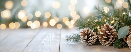 Capture the magic of the holidays with this still life Shimmering tinsel garlands drape elegantly over rustic wood, adorned with pinecones and evergreens Bokeh lights create a warm, inviting glow, perfect for cards and festive designs, evoking a cozy Christmas or winter scene AI Generativeの素材