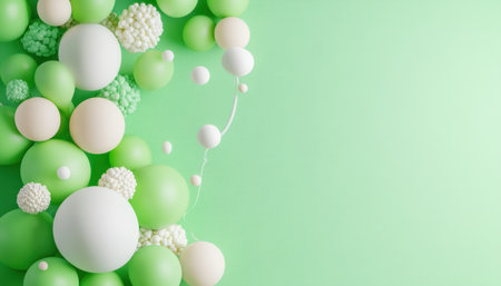 This image bursts with festive energy, showcasing green helium balloons soaring high A playful cascade of green and white spheres creates a whimsical, captivating design, perfect for backgrounds or event themes Its light, airy composition evokes weightless wonder and spreads cheer with its pastel-colored orbs Ideal for capturing attention AI Generativeの素材