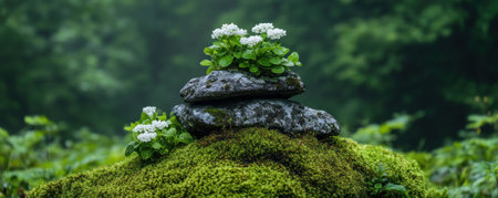 Immerse yourself in the tranquility of an Irish forest Intricate patterns of moss and rock intertwine, dotted with delicate white wildflowers, all with a touch of Celtic design This serene image captures nature's ancient beauty, showcasing stacked rocks nestled on vibrant moss within a peaceful woodland scene AI Generativeの素材