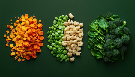 Embrace vibrant health with this rainbow of fresh produce! A jubilant mix of carrots, edamame, and spinach sparks happiness and hope Perfect for vegan or vegetarian dishes, these delicious veggies inspire balanced, nutritious meals Explore recipes and discover the joy of healthy eating! AI Generativeの素材