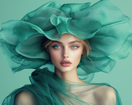 Step into avant-garde fashion with a unique, oversized green hat featuring transparent panels Layered pastel tones and unconventional silhouettes complement this striking headpiece Witness how it pushes design boundaries, framing ethereal beauty with drama and delicacy Discover wearable art that inspires bold, fashion-forward personal style AI Generativeの素材