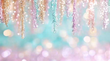 Immerse yourself in a festive wonderland with this image showcasing shimmering tinsel and glitter Delicate pastel glitter icicles cascade down, creating a whimsical backdrop of bokeh lights Ideal for holiday projects, social media, or festive designs, the soft, dreamy palette inspires winter joy AI Generativeの素材