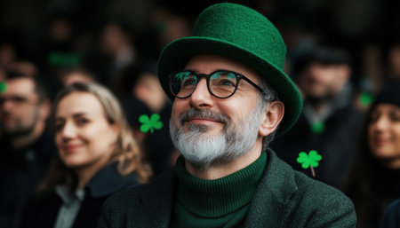 Immerse yourself in Ireland's spirited St Patrick's Day, a vibrant celebration of music and heritage Feel the joyful energy as a sea of green, adorned with clovers, unites in festive cheer This image encapsulates the excitement, community, and unique cultural fun of this beloved Irish tradition AI Generativeの素材