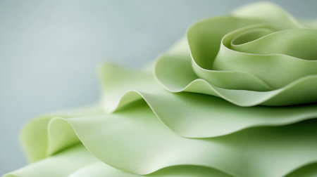 Witness a stunning close-up of a spiral-shaped, haute couture green hat This modern millinery marvel boasts exquisite detail, its flowing design a testament to artful fashion Paired with ethereal garments, this unique headwear is a must-have for design enthusiasts, showcasing refined style, texture, and form AI Generativeの素材