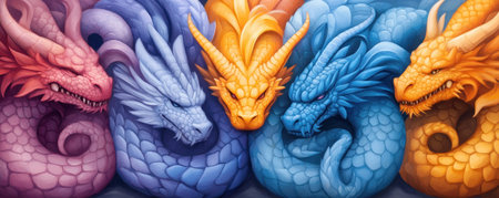 Immerse yourself in a vibrant fantasy with these dragons, their scales a kaleidoscope of color inspired by Irish legends Traditional patterns and mythical figures intertwine, creating a unique artistic tapestry Dragons in diverse hues dance across the scene, a breathtaking fusion of myth and imagination AI Generativeの素材