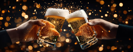 Raise a glass to "Golden Celebration Spark"! Festive lights illuminate golden beer mugs in a joyful toast The clinking glasses and shimmering beer create a warm, celebratory atmosphere, capturing the heart of special occasions Enjoy this moment of pure golden bliss AI Generativeの素材