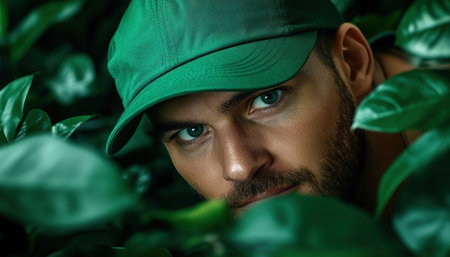 A modern explorer, green cap donned, navigates a futuristic nature reserve with cutting-edge tech Witness the seamless blend of wilderness and innovation This captivating scene showcases adventurous spirit, harmonious nature-tech integration, and invites you to explore a world where the wild meets the future AI Generativeの素材