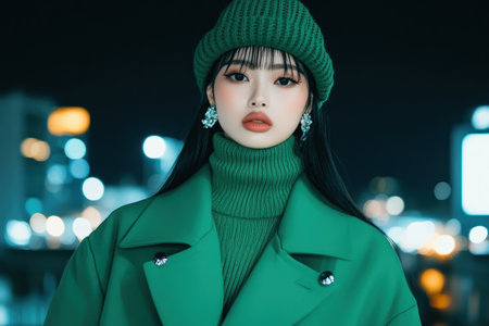 Witness urban chic redefined! A runway model stuns in a structured green hat and sleek attire, illuminated by vibrant city lights This captivating image showcases a bold fashion statement with coordinated coat, hat, and turtleneck Explore the latest trends and shop for your favorite style now AI Generativeの素材