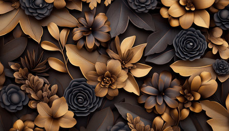 Discover divine floral charms in gold and black, each bloom intricately engraved with warmth and sacredness This mesmerizing artwork, blending elegance and mystique, showcases nature's art through detailed patterns and textures Perfect for sophisticated backgrounds or textile design, it brings calm and tranquility to digital or print mediums AI Generativeの素材