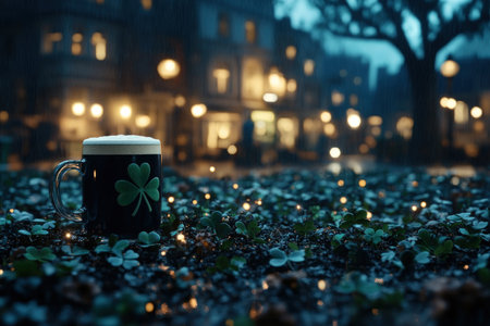 Celebrate Saint Patrick's Day with this magical night scene! Glowing clovers surround a dark stout in a field, capturing the vibrant holiday spirit Perfect for social media, greetings, or design projects This enchanting image showcases the charm and luck of the Irish celebration under a beautiful night sky AI Generativeの素材