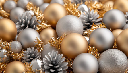 Capture the holiday spirit with this vibrant image! Glistening tinsel, gold and silver baubles, and rustic pinecones create a festive scene Perfect for adding seasonal cheer, this image evokes the magic and sparkle of the holidays Embrace the joy and celebration with this captivating visual AI Generativeの素材
