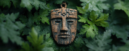 Enchanted image: a weathered amulet, a potent lucky charm, rests amidst lush, ancient forest foliage This relic, a symbol of enduring faith and hope, silently guards, its stoic face a testament to bygone eras Witness the unwavering power and mystique held within this artifact Explore the enchantment AI Generativeの素材