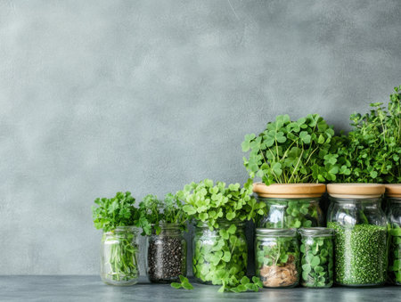 Lush, vibrant greenery takes center stage, showcasing fresh herbs like cilantro and parsley in glass jars Potted greens are displayed against a textured gray wall, evoking natural freshness While not explicitly St Patrick's Day, the abundance of green resonates with the holiday's themes of growth and vitality AI Generativeの素材