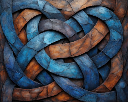 Discover modern Celtic designs reimagined with abstract, layered textures in rich earth and sky tones This collection features intricate, interwoven patterns creating dynamic surfaces ideal for artistic projects, graphic design, and cultural heritage backgrounds Explore visually engaging textures with a contemporary twist AI Generativeの素材